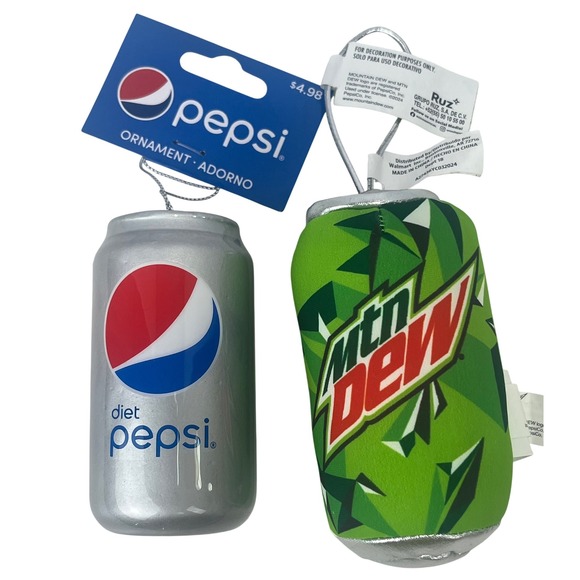 Pepsi & Mountain Dew Can Soft Christmas Holiday Novelty Food Ornaments NWT - Picture 1 of 3
